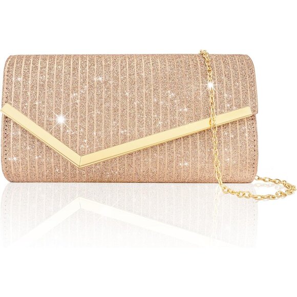 Rose Gold Shiny Pleated Sequin Envelope Evening Clutch for Formal Events - Picture 1 of 7